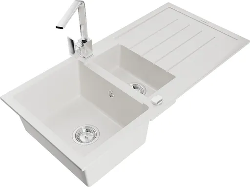 MEXEN/S Andres granitový dřez s odkapávačem včetně baterie Rita, bílá 6515-20-670300-00