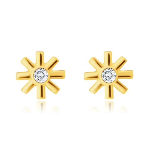 Zlaté 14K náušnice - kvítek, drobný kulatý zirkon, tenké hladké okvětní lístky, puzety