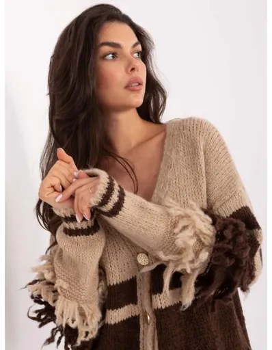 Bežovo-hnědý rozepínací svetr s třásněmi