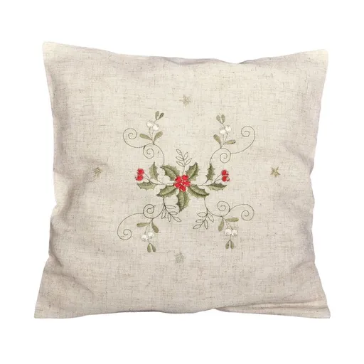 Návlek na polštář, Vánoční cesmína na režném, béžový, 40 x 40 cm