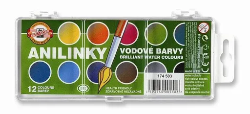 Barvy vodové Koh-I-Noor prům. 22,5mm anilin brilant 12barev