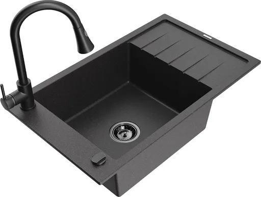 MEXEN/S Elias granitový dřez 1 s odkapávačem včetně baterie Elia, černá kropenatá 6511-76-670101-70-B