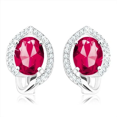Náušnice ze stříbra 925, oválný červenorůžový zirkon v čiré kontuře zrnka