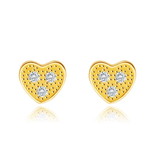 Náušnice ze žlutého 14K zlata - srdíčko se třemi zirkony čiré barvy