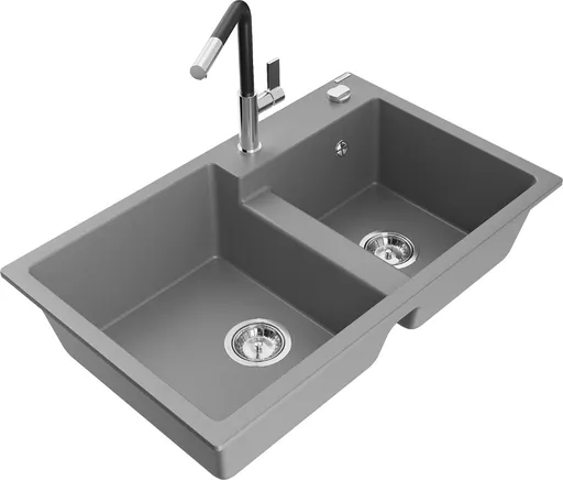 MEXEN/S Tomas granitový dřez 2-bowl včetně baterie Flora, šedá 6516-71-670401-07