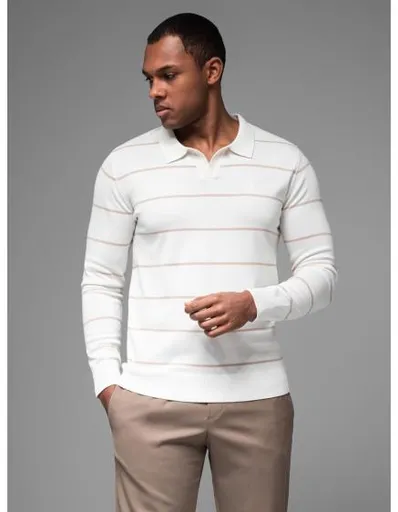 Pánské polo tričko s dlouhým rukávem a vodorovnými pruhy s viskózou - bílé a béžové V4 OM-POLS-0146