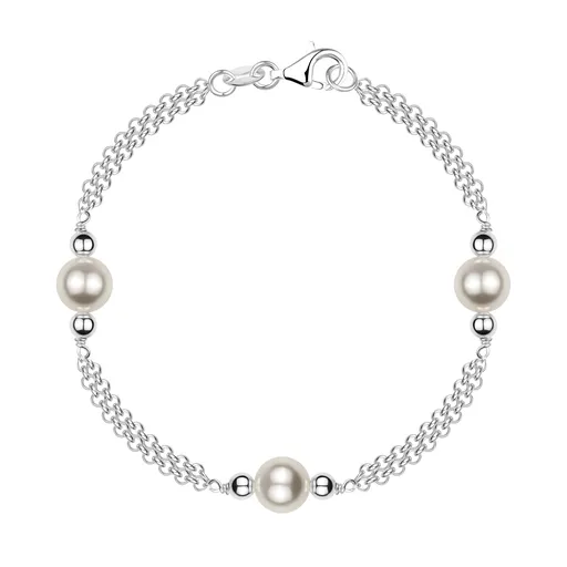 Stříbrný náramek 925 - dvojitý řetízek, korálky, syntetické perly