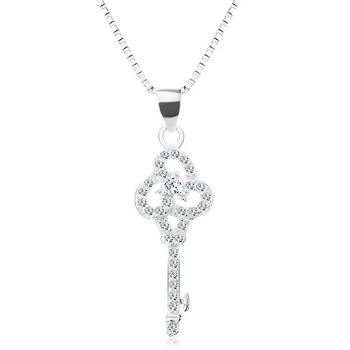 Stříbrný 925 náhrdelník, řetízek s přívěskem, čirý blýskavý klíček, zirkony