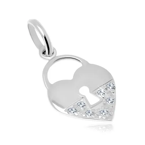 Stříbrný přívěsek 925, srdcovitý zámek - hladká a zirkonová polovina