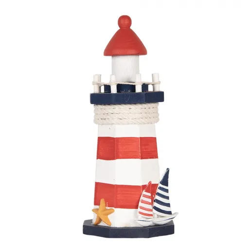 Bílo-červená dřevěná dekorace maják Lighthouse Nautic - Ø 9*19 cm 6H2408