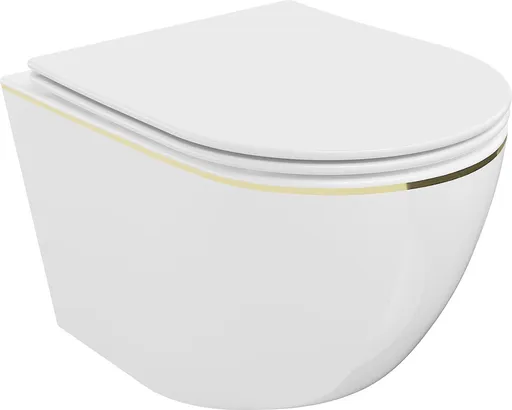 MEXEN Lena Závěsná WC mísa včetně sedátka s slow-slim, duroplast, bílá/zlatá linka 30224005