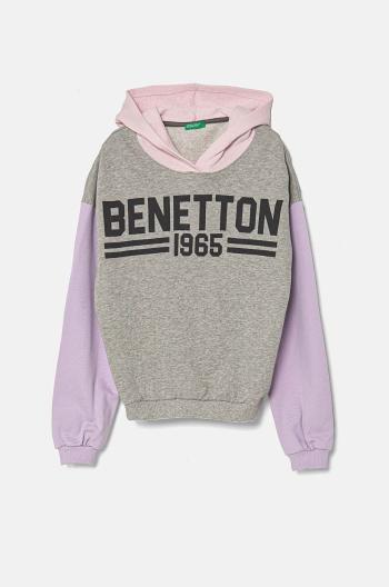 Dětská bavlněná mikina United Colors of Benetton šedá barva, s kapucí, s potiskem, 3J68C203Q