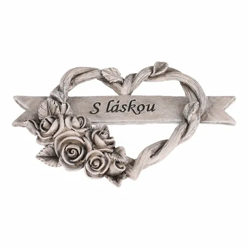 Pietní dekorace Srdce s růžemi a stuhou, polyresin, 12 x 10 x 2 cm