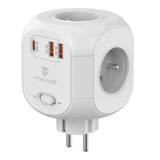 Síťový adaptér Viking AC43/Output: 4xAC, 2xUSB-A, 1xUSB-C/výkon až 3500W/ ON/OFF tlačítko