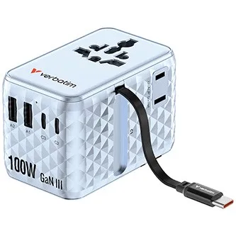 Verbatim 30192, Cestovní adaptér univerzální Charge ,n, Travel 2x USB-C, 2X USB-A + 1x integrovaný kabel USB-C, modrá, 100 W