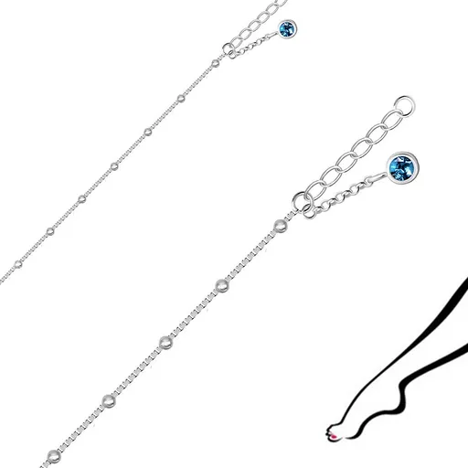 Stříbrný 925 náramek na kotník - ozdobený malými kuličkami a modrým kulatým zirkonem