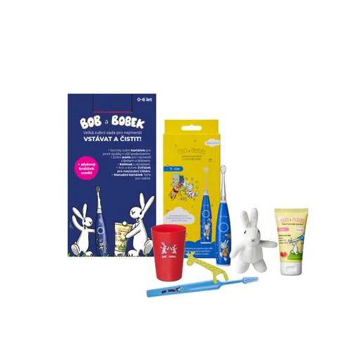 Bob a Bobek dárková sada - Velká zubní sada pro nejmenší s modrým sonickým kartáčkem a USB dobíjením + dárek zdarma