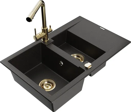 MEXEN/S Gaspar granitový dřez 1.5 s odkapávačem včetně baterie Duero, černá/zlatá metalik 6507-75-671600-50