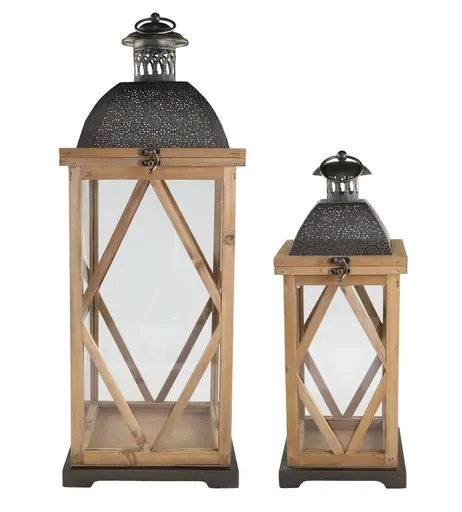 Set 2ks přírodní antik dřevěná lucerna Frencia - 24*24*67/ 17*17*46 cm 25071900