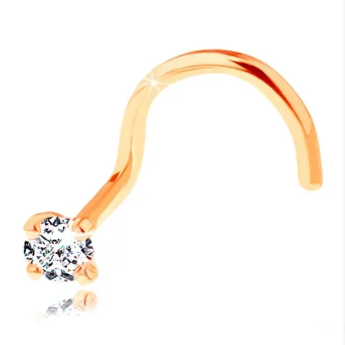 Zahnutý piercing do nosu ve žlutém 14K zlatě - blýskavý čirý zirkonek, 2 mm