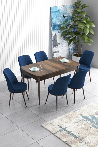 Extendable Dining Table & Chairs Set (7 Pieces) Han - Baroque, Navy Blue