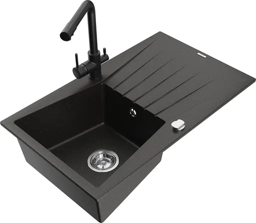 MEXEN/S Cesar granitový dřez s odkapávačem včetně baterie Duero, černá/zlatá metalik 6514-75-671600-70