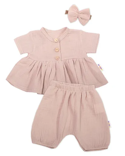 Baby Nellys 3-dílná mušelínová soupr., tunika/halenka, kraťasky, čelenka, béžová vel.  80