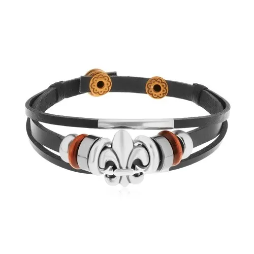 Náramek z černých kožených pásů s korálky z kovu a dřeva, Fleur de Lis