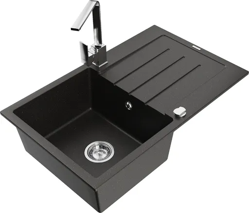 MEXEN/S Bruno granitový dřez 1-miska s odkapávačem včetně baterie Rita, černý/zlatý metalik 6513-75-670300-00