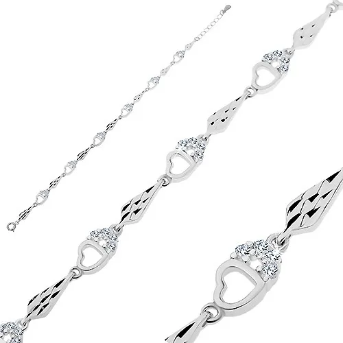 Náramek ze stříbra 925 - lesklá srdíčka a podlouhlé kapky se zářezy