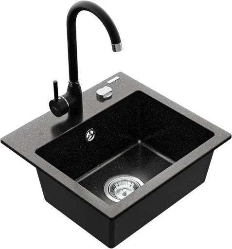 MEXEN/S Milo granitový dřez 1-miska včetně baterie Telma, černá/stříbrný 6505-73-670200-70