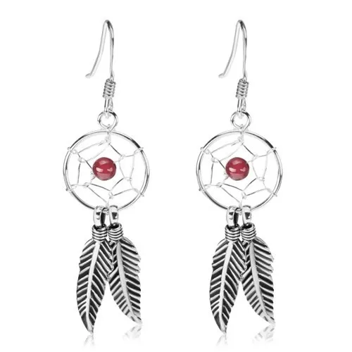 Stříbrné náušnice 925, kruhový lapač snů, červený korálek, pírka, 12 mm