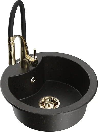 MEXEN/S Diego granitový dřez 1-miska včetně baterie Aster, černá/zlatá metalik 6512-75-73450-57-G