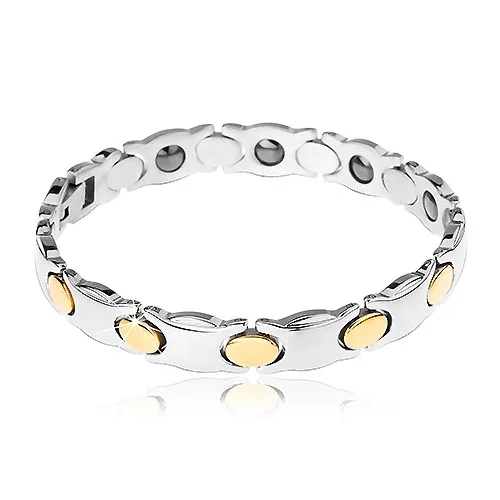 Užší ocelový náramek, stříbrná barva, ovály ve zlatém odstínu, magnety