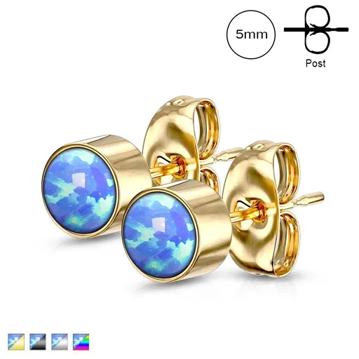 Náušnice z chirurgické oceli - kulatý opál v objímce, puzetové zapínání, 5 mm - Barva: Černá