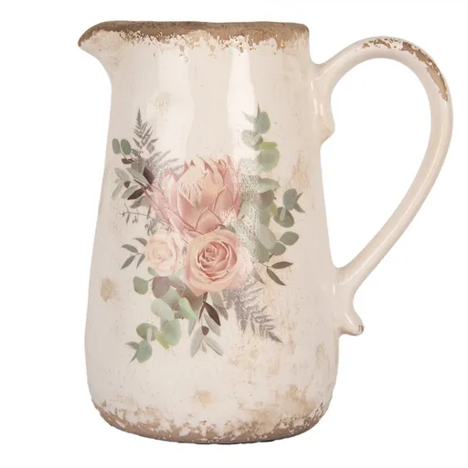 Béžový keramický džbán s květy Protea Eucalypt M - 17*12*18 cm Clayre & Eef