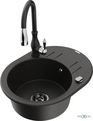 MEXEN/S Kevin granitový dřez 1 s odkapávačem včetně baterie Savita, černá/zlatá metalik 6517-75-672601-70-B