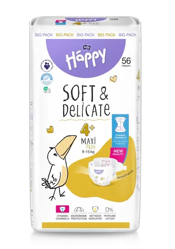 Bella Baby Happy Soft&Delicate 4+ Maxi Plus 9–15 kg dětské pleny 56 ks