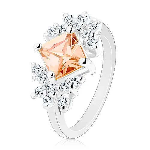 Lesklý prsten se zirkony v čirém a oranžovém odstínu, zúžená ramena - Velikost: 49