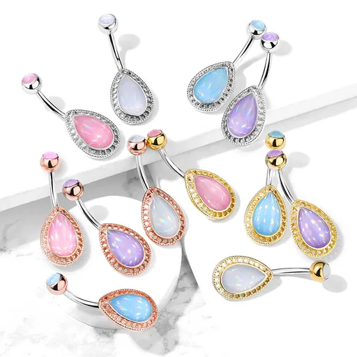 Piercing do pupíku z oceli - slza vyplněná epoxidovou vrstvou, kulaté výřezy - Barva piercing: Stříbrná - čirá