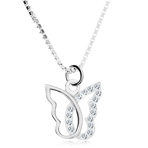 Stříbrný náhrdelník 925, kontura motýla se zirkonovou polovinou