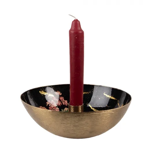 Černo-zlatý kovový svícen s růžovými květy Flowers Gold - Ø 17*6 cm 65881