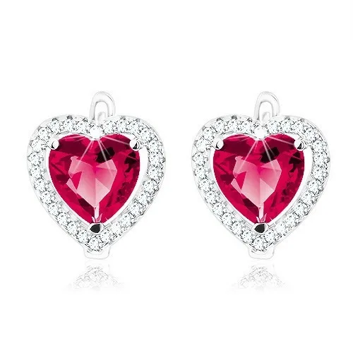 Náušnice ze stříbra 925, červené zirkonové srdíčko, třpytivý lem, boční výřezy