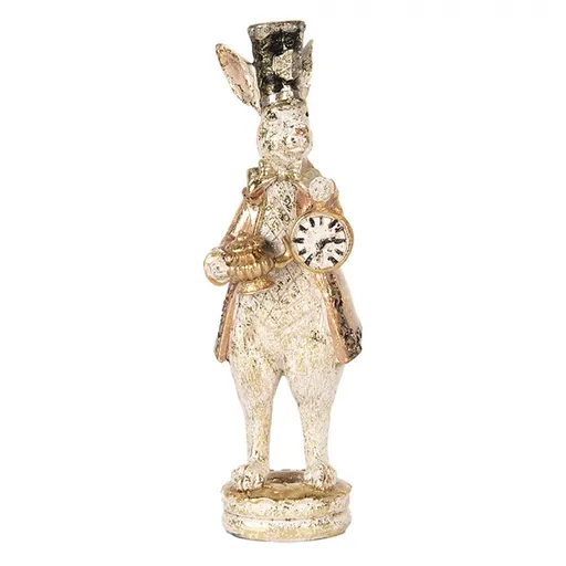 Dekorace králík v klobouku a s hodinami se zlatým třpytem - 6*8*20 cm Clayre & Eef