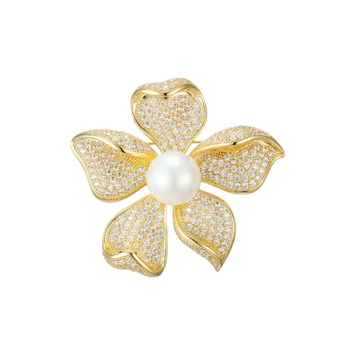 Troli Elegantní pozlacená brož s umělou perlou a krystaly Gold