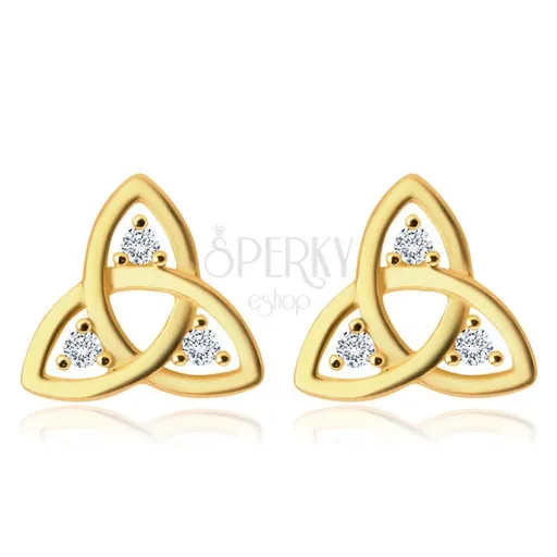 Diamantové náušnice ze 14K zlata - symbol Triquetra, čiré brilianty, puzetky