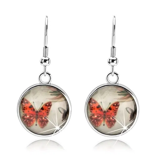 Náušnice kabošon, čirá vypouklá glazura, oranžový a černobílý motýl