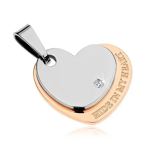 Přívěsek z oceli 316L, srdíčka stříbrné a měděné barvy, zirkon, nápis