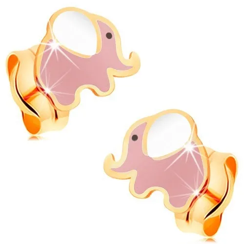 Náušnice ze žlutého 14K zlata, glazovaný růžovo-bílý slon s černým očkem