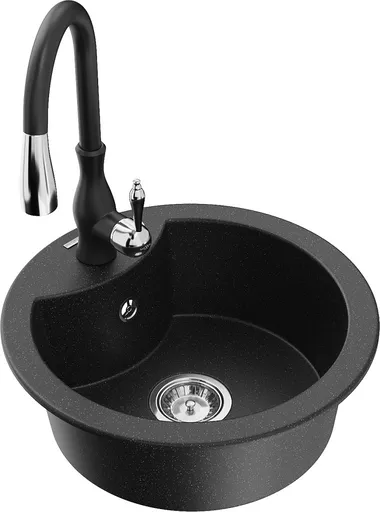 MEXEN/S Diego granitový dřez 1-miska včetně baterie Savita, černá/stříbrná metalik 6512-73-672601-70